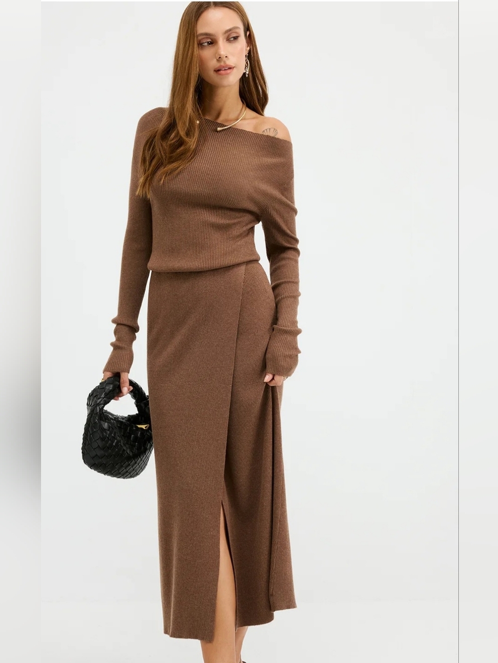 NWT Commense Chocolate Brown Off Shoulder Ribbed Wool Blend Midi Dress Medium